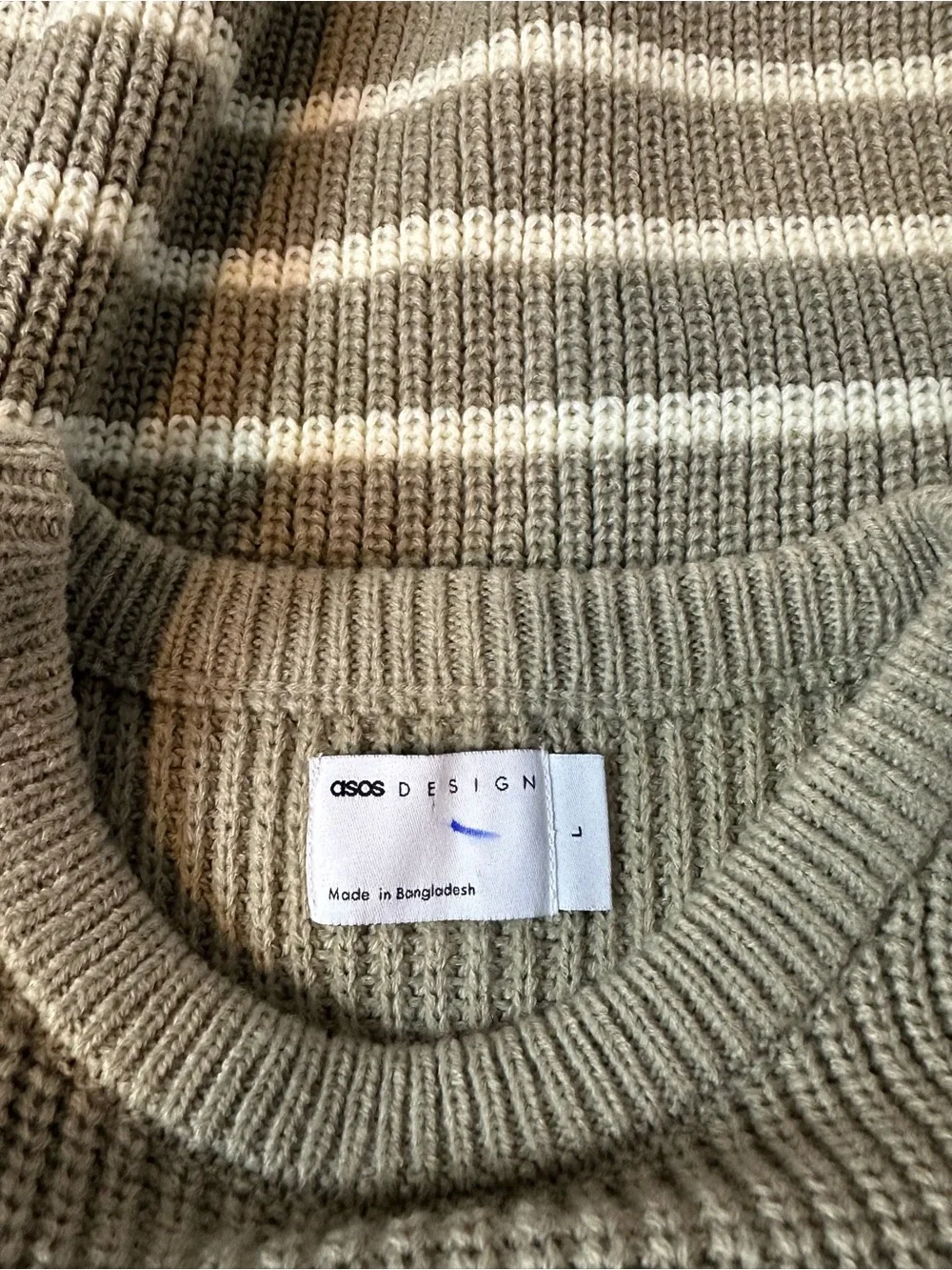 ASOS Men’s Oversized Crew Neck Knit Sweater Green & Ecru Stripes Size Large